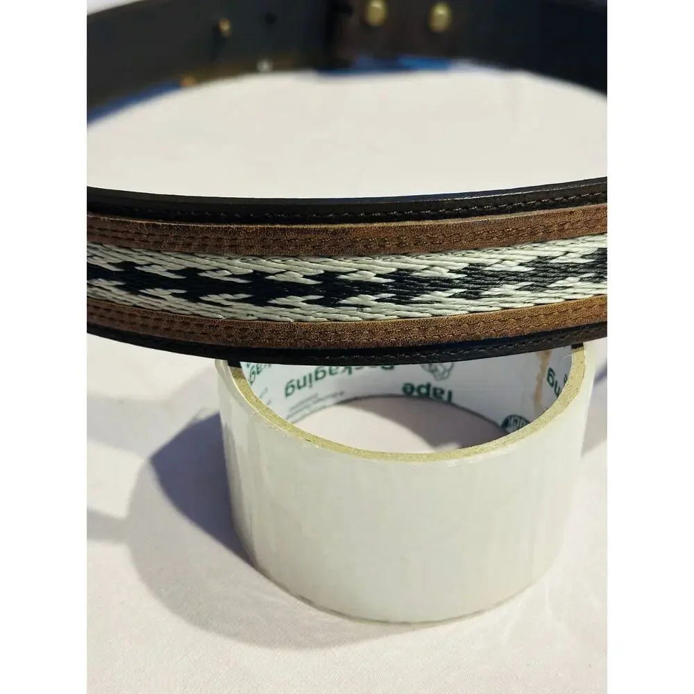 Nocona Belt Men 36 Brown Leather Western Cowboy Rodeo Silver/Gold Accent Aztec